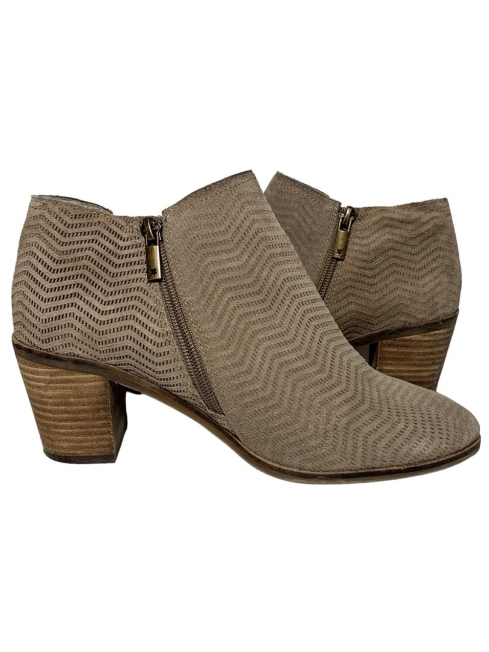 Lucky Brand Pickla Ankle Boots Booties Heels Chevron Leather Suede Taupe Size 8